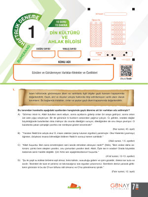 7. SINIF DİN KÜLTÜRÜ BUMERANG 32 HAFTALIK DENEME